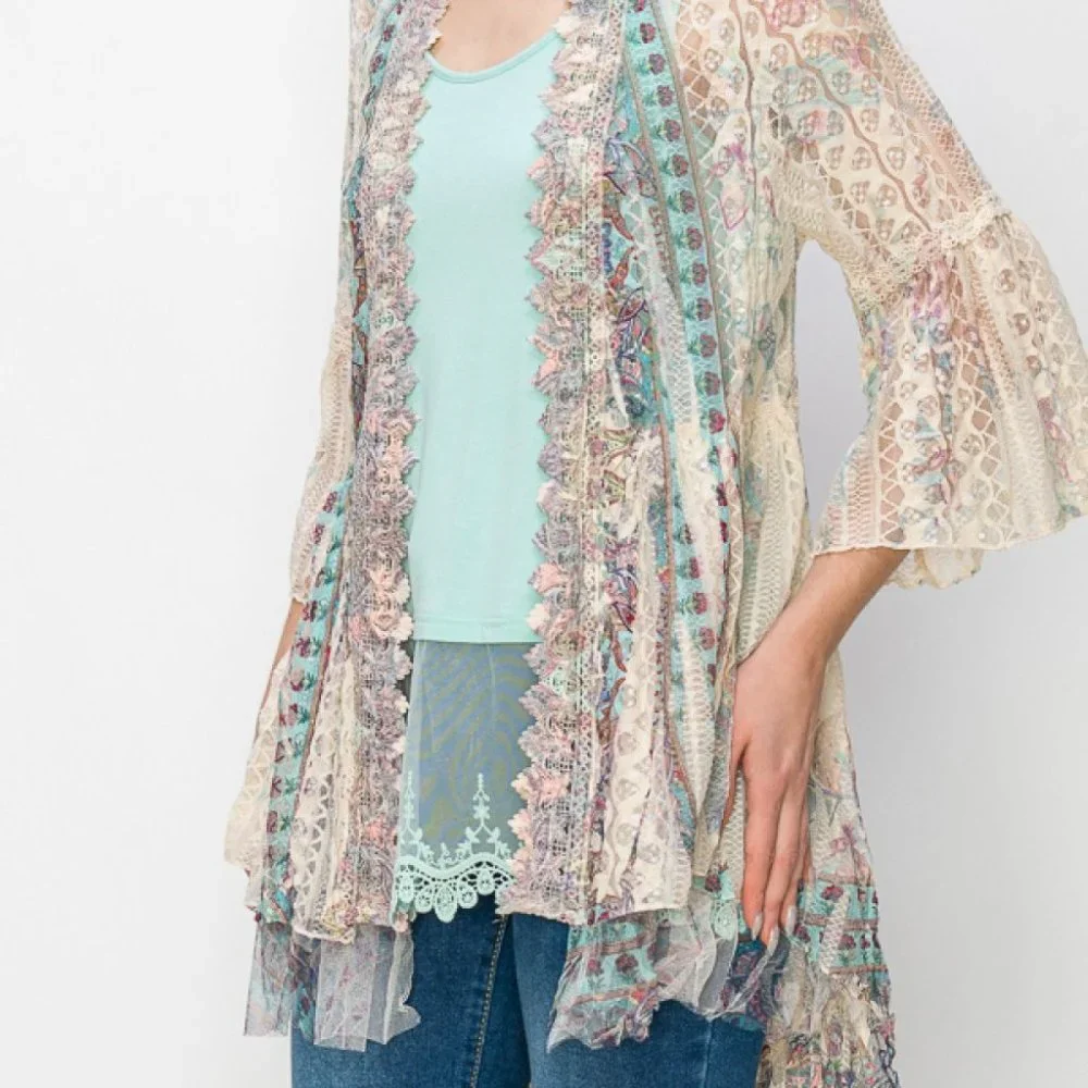 new ORIGAMI TRIBAL TOURQUISE AZTEC BOHO CARDIGAN KIMONO KAFTAN western SM-4X - Picture 2 of 4